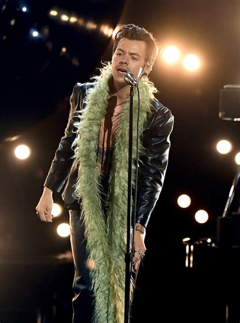 gucci feather boa green|Harry Styles 2021 Grammys Outfit Details .